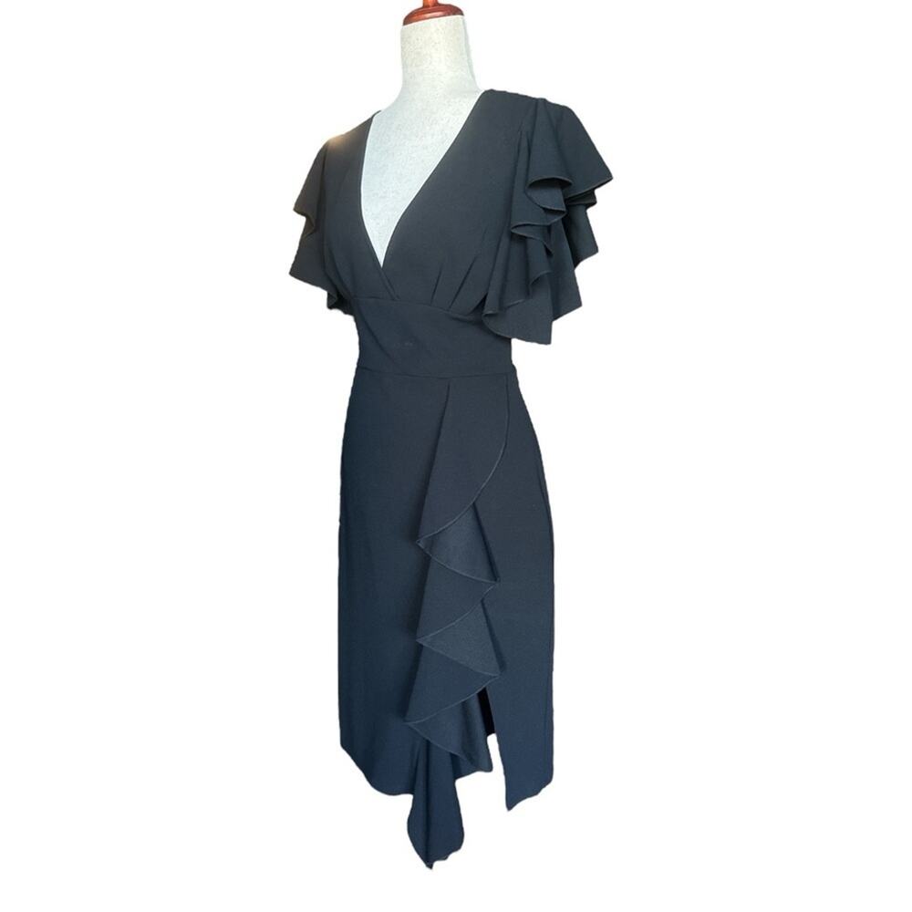 Black Ruffle Sleeve Fitted Midi Dress Front Slit Cocktail Evening Size 12 - Picture 4 of 7